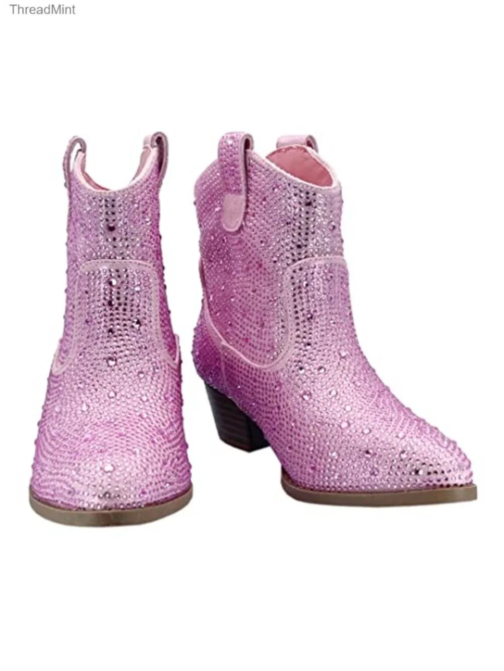 Girls Rhinestone Chunky Heel Ankle Bootie Slip On Casual
